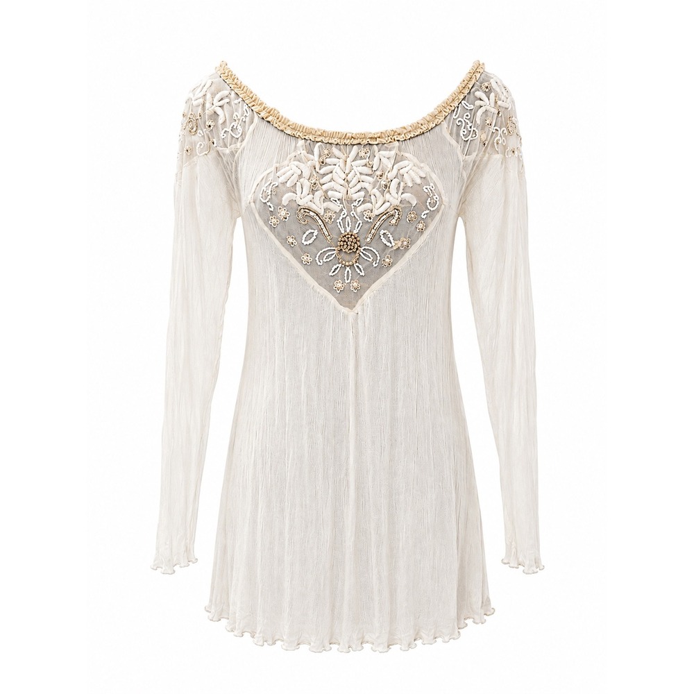 Free People Ivory Shift Tunic Top Beaded Mesh Boho Fairy Whimsy Regency Princess - Picture 1 of 8